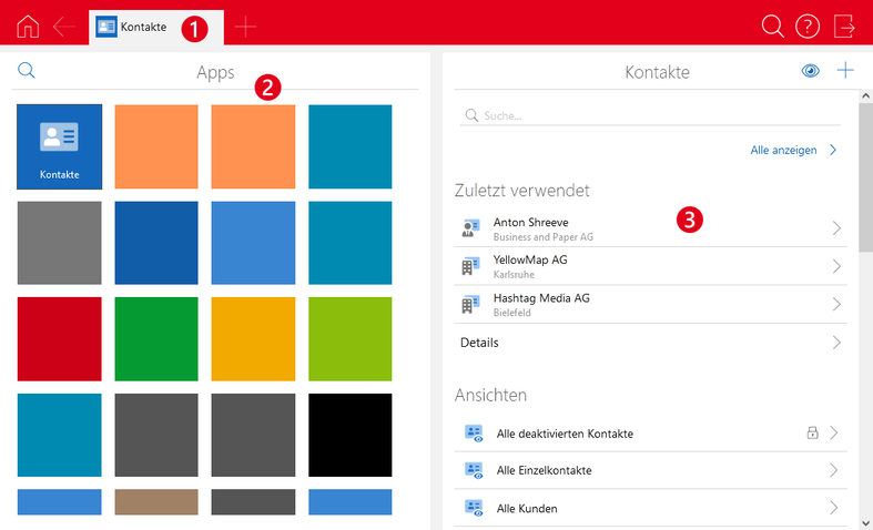 Der Screenshot zeigt die Oberfläche mit den folgenden Hervorhebungen: 1 Kopfbereich; 2 Apps; 3 Listen und Ansichten.