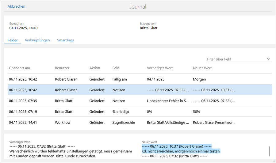 Der Screenshot zeigt das Fenster Journal. Ein Eintrag ist markiert. Im unteren Bereich des Fensters werden die Details zum markierten Eintrag angezeigt.