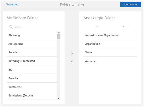 Der Screenshot zeigt das Fenster Felder wählen zur Auswahl der Spalten. Die Felder werden hierbei zwischen Verfügbare Felder und Angezeigte Felder verschoben.