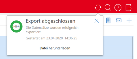Der Screenshot zeigt das Fenster Export abgeschlossen, in dem der erfolgreiche Export der Datensätze bestätigt wird. Das Fenster beinhaltet die Schaltfläche Datei herunterladen.