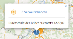 Der Screenshot zeigt die Karte mit dem Ergebnis der Berechung: 3 Verkaufschancen; Durchschnitt des Feldes Gesamt.