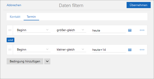 Der Screenshot zeigt das Fenster Daten filtern mit dem Register Termin und den beiden eingetragenen Filterbedingungen für das Feld Beginn.