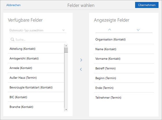 Der Screenshot zeigt das Fenster Felder wählen zur Konfiguration der Spalten der Liste.