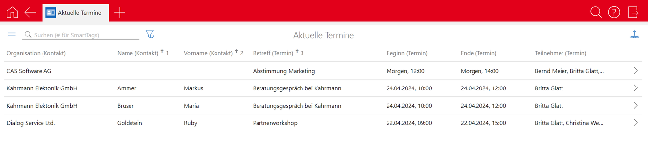 Der Screenshot zeigt die fertige kombinierte Liste mit dem Namen Aktuelle Termine.