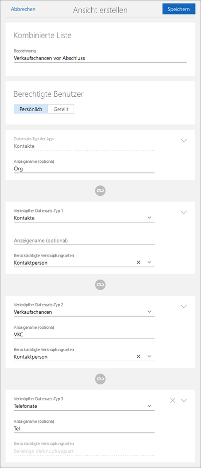 Der Screenshot zeigt das Fenster Ansicht erstellen mit den Einstellungen zum Anlegen einer komplexen kombinierten Liste.