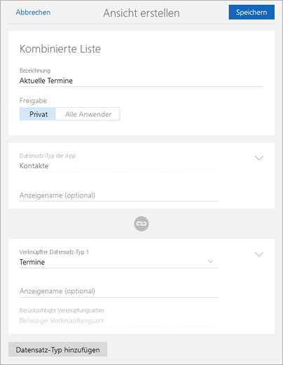 Der Screenshot zeigt das Fenster Ansicht erstellen mit den ersten Voreinstellungen zum Anlegen der kombinierten Liste.