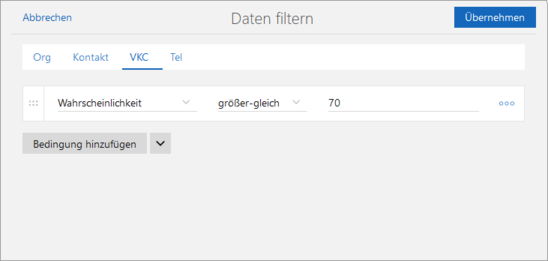 Der Screenshot zeigt das Fenster Daten filtern mit dem Register Verkaufschancen und der eingetragenen Filterbedingung für das Feld Wahrscheinlichkeit.