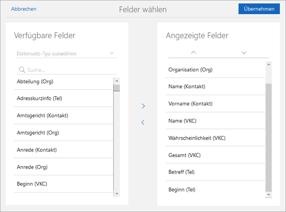 Der Screenshot zeigt das Fenster Felder wählen zur Konfiguration der Spalten für die Liste.