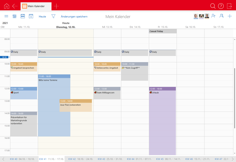 Der Screenshot zeigt die App Kalender in der Wochenansicht mit verschiedenen Terminen, Telefonaten und Urlauben, die als farbige Blöcke dargestellt werden.