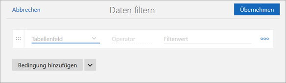 Der Screenshot zeigt das Fenster Filter mit einer Zeile für die Filterbedingung.