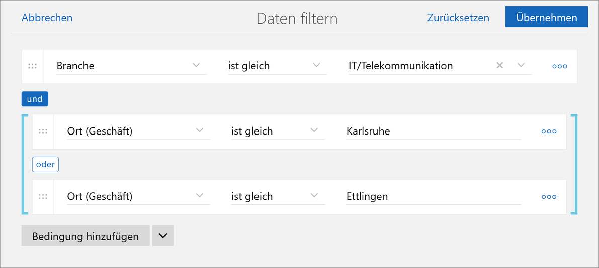 Der Screenshot zeigt die Filterbedingen mit den Daten aus dem Beispiel.