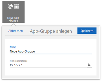 Der Screenshot zeigt das Fenster App-Gruppe anlegen. Im Feld Name und Hintergrundfarbe können die entsprechenden Werte gewählt werden.