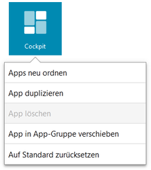 Der Screenshot zeigt das geöffnete Kontextmenü für die App Cockpit mit den verfügbaren Funktionen.
