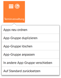 Der Screenshot zeigt das geöffnete Kontextmenü für die App-Gruppe Terminverwaltung mit den verfügbaren Funktionen.