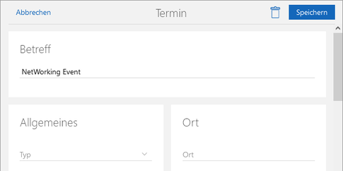 Der Screenshot zeigt das Fenster Termin mit der Schaltfläche zum Löschen des Datensatzes oben rechts.
