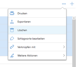 Der Screenshot zeigt das Aktionsmenü mit der hervorgehobenen Aktion Löschen.