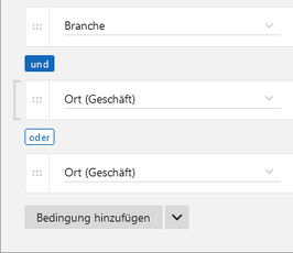 Der Screenshot zeigt einen Ausschnitt des Fensters Daten filtern. Vor einer Bedingung ist die graue Kammer hervorgehoben, über die eine Klammer durch Ziehen nach oben oder unten gesetzt werden kann.