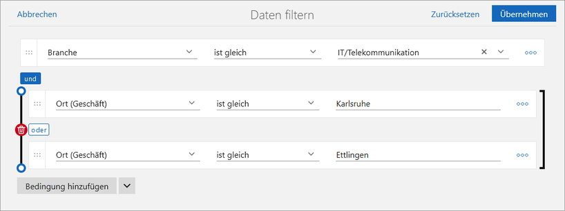 Der Screenshot zeigt das Fenster Daten filtern mit einer gesetzten Klammer. Nach dem Klicken auf die Klammer werden an deren Enden Erweiterungspunkte angezeigt, die zum Vergrößern oder Verkleinern der Klammer nach oben oder unten gezogen werden können.