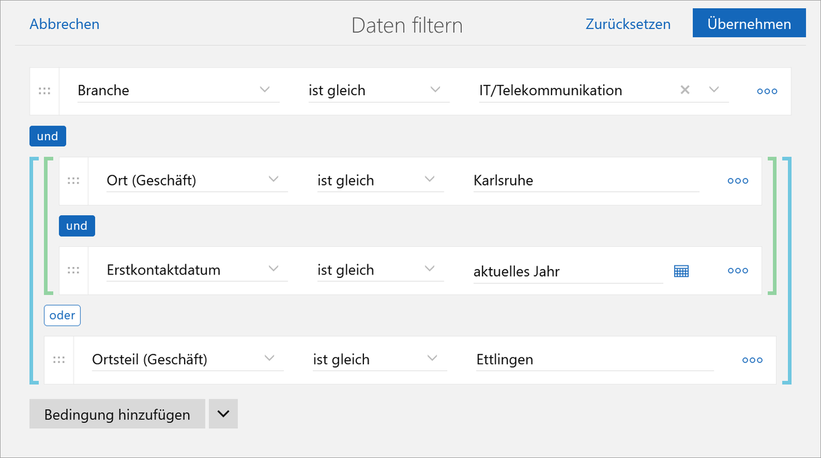 Der Screenshot zeigt die Filterbedingen mit den Daten aus dem Beispiel.