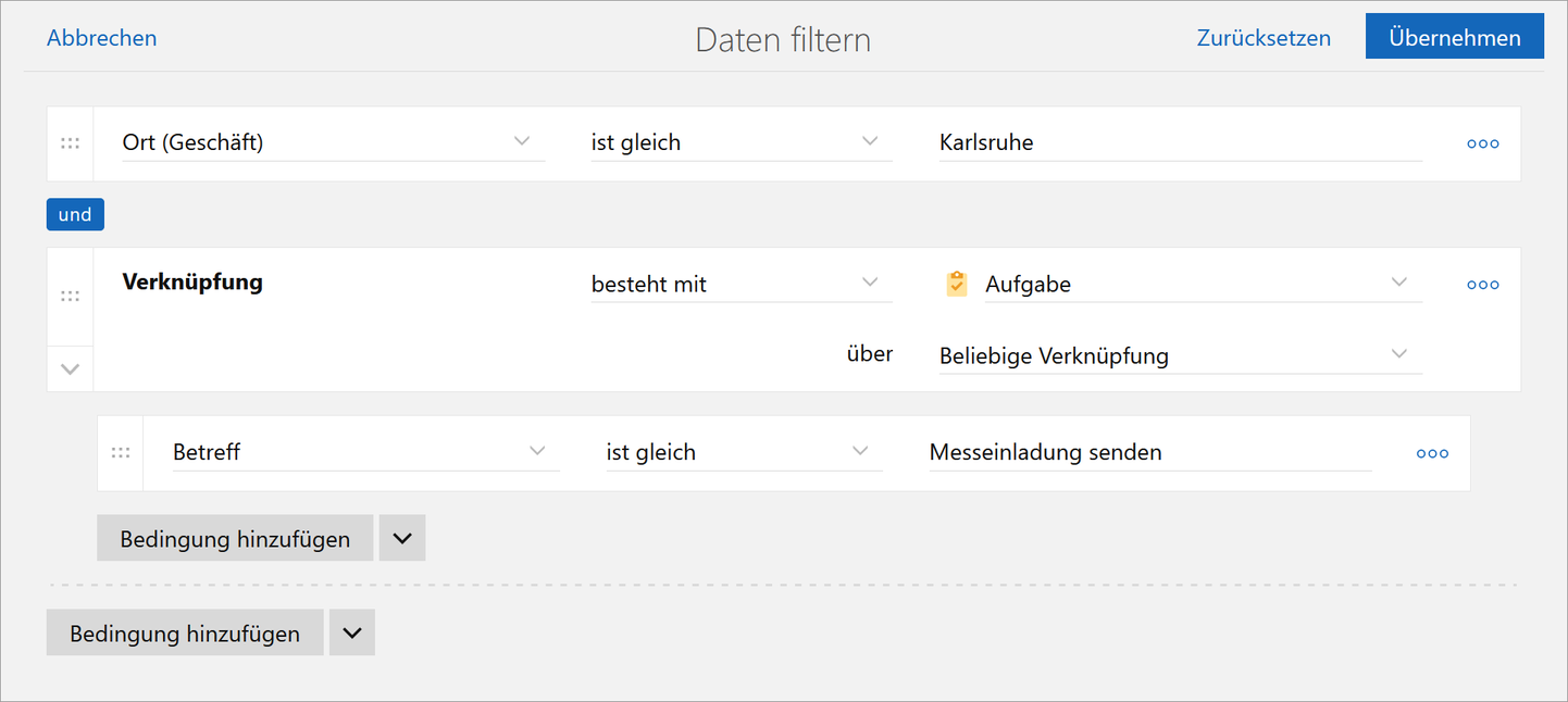 Der Screenshot zeigt die Filterbedingen mit den Daten aus dem Beispiel.