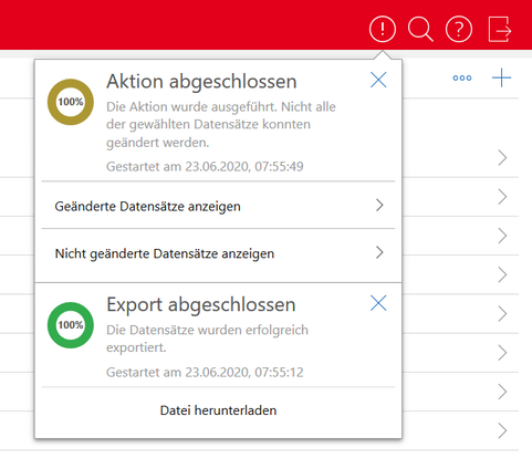 Der Screenshot zeigt das geöffnete Statusfenster im Kopfbereich. Zwei Einträge zu sehen: Aktion abgeschlossen mit zwei Schaltflächen um geänderte und nicht geänderte Datensätze anzeigen zu lassen sowie Export abgeschlossen mit der Schaltfläche Datei herunterladen.
