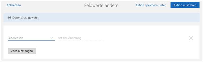 Der Screenshot zeigt das Fenster Feldwerte ändern. In der Bearbeitungszeile ist das Feld Tabellenfeld zu sehen oben rechts befindet sich die Schaltfläche Aktion speichern unter.