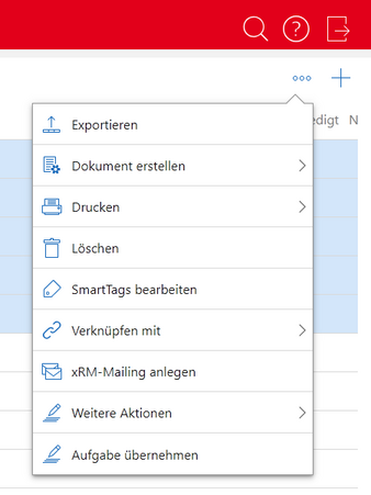 Der Screenshot zeigt das geöffnete Aktionsmenü. Am unteren Ende ist die gespeicherte Aktion Aufgabe übernehmen mit dem dazugehörigen Symbol zu sehen.