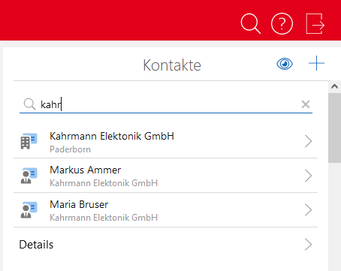 Der Screenshot zeigt das Suchfeld in der App Kontakte mit einem eingegebenen Suchbegriff und den passenden Suchergebnissen in der Liste.