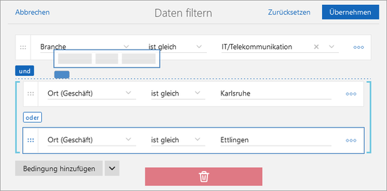 Der Screenshot zeigt den Vorgang zum Verschieben einer Filterbedingung per Drag & Drop.