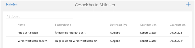 Der Screenshot zeigt das Fenster Gespeicherte Aktionen mit einer Liste und den gewählten Optionen. Oben rechts befindet sich das Symbol zum Anlegen einer neuer Aktion.