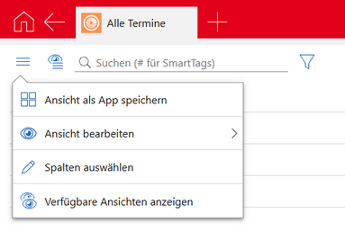 Der Screenshot zeigt die Schaltfläche Ansichstsmenü und die im Ansichtsmenü enthaltenen Funktionen, z. B. Ansicht bearbeiten.
