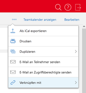 Der Screenshot zeigt das geöffnete Aktionsmenü im Lesemodus eines Termins. Die Aktion Verknüpfen mit wird hervorgehoben dargestellt.