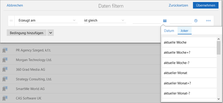 Der Screenshot zeigt das Fenster Daten filtern mit der Bedingung Erzeugt am. Die Kalender-Schaltfläche ist geöffnet und das Register Joker wird dargestellt.