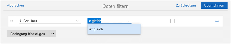 Der Screenshot zeigt das Fenster Daten filtern mit den verfügbaren Operatoren für das Benutzerfeld Außer Haus.
