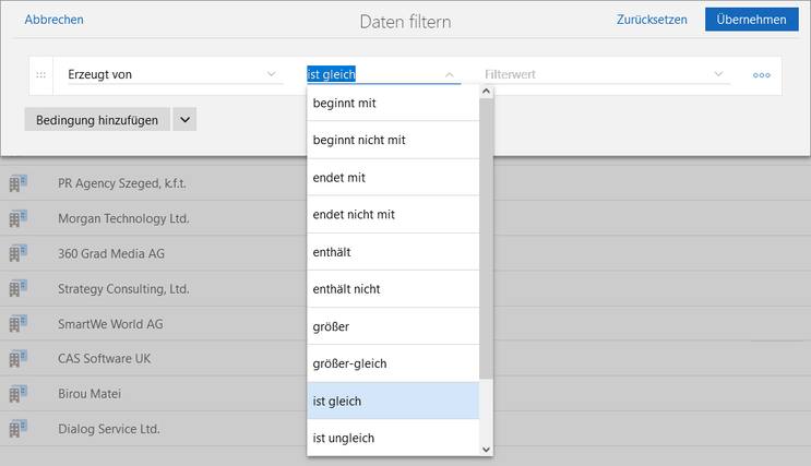 Der Screenshot zeigt das Fenster Daten filtern mit den verfügbaren Operatoren für das Benutzerfeld Erzeugt von.