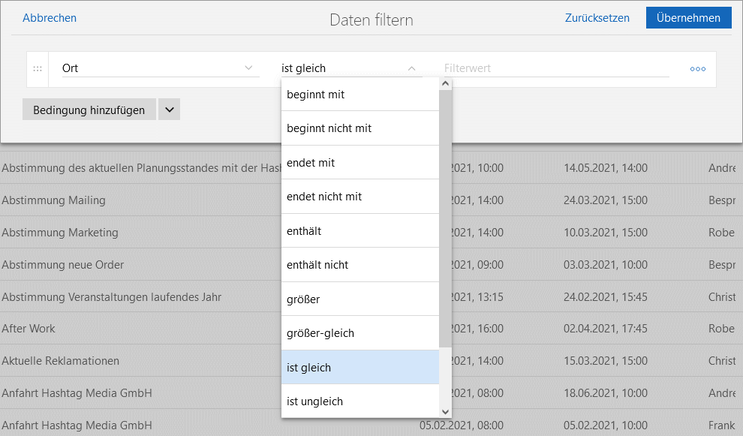 Der Screenshot zeigt das Fenster Daten filtern mit den verfügbaren Operatoren für das Benutzerfeld Ort.