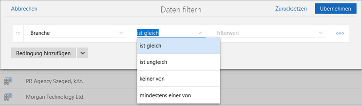 Der Screenshot zeigt das Fenster Daten filtern mit den verfügbaren Operatoren für das Benutzerfeld Branche.