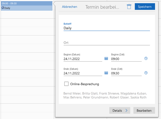 Der Screenshot zeigt das Fenster Termin bearbeiten. Da es sich um einen Serientermin handelt, lassen sich hier Änderungen vornehmen, die sich standardmäßig nur auf den aktuellen Termin der Serie auswirken.