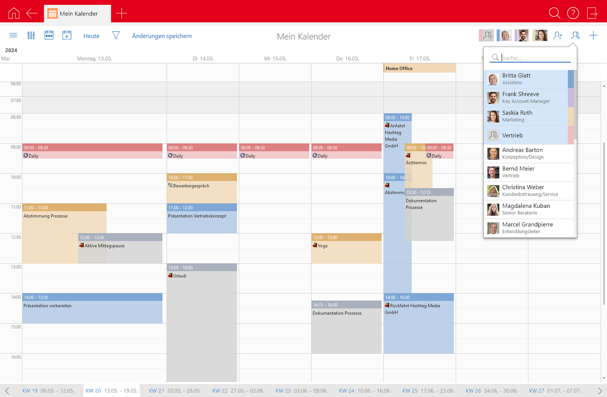 Der Screenshot zeigt die App Kalender mit der geöffneten Schaltfläche Team.