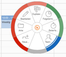 Der Screenshot zeigt einen Termin im Kalender mit dem darüber liegenden Radialmenü. Die Funktion Teamkalender ist blau markiert.