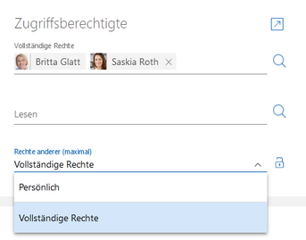 Der Screenshot zeigt das Feld Rechte anderer (maximal) mit der geöffneten Dropdown-Liste der Fremdzugriffsrechte. Die Option Vollständige Rechte ist dabei hervorgehoben dargestellt.