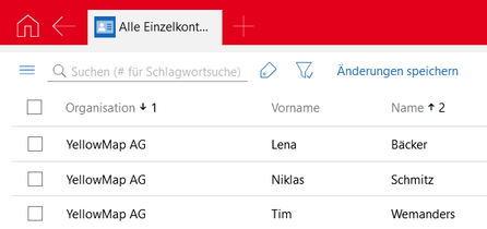 Der Screenshot zeigt eine Ansicht, die nach den Spalten Organisation und Name sortiert ist. Die Sortierreihenfolge wird durch die Ziffern 1 und 2 sowie Pfeile für die Sortierrichtung hinter den Spaltennamen angezeigt.