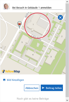 Der Screenshot zeigt das WeTalk-Widget mit einem hinzugefügten Bild. Darunter befinden sich die Schaltflächen Bild hinzufügen, Abbrechen und Beitrag teilen.