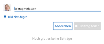 Der Screenshot zeigt das Feld Beitrag verfassen mit der Option Bild hinzufügen. Unten rechts befinden sich die Schaltflächen Abbrechen und Beitrag teilen.