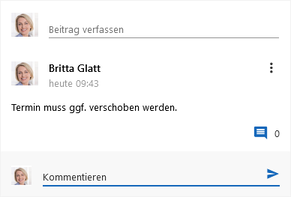 Der Screenshot zeigt einen veröffentlichten Beitrag mit dem Text: Termin muss ggf. verschoben werden. Darunter ist das Eingabefeld Kommentieren mit der Schaltfläche zum Senden des Kommentars zu sehen.