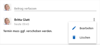 Der Screenshot zeigt einen verfassten Beitrag. Rechts neben dem Beitrag ist das geöffnete 3-Punkte-Menü mit den Aktionen Bearbeiten und Löschen zu sehen.