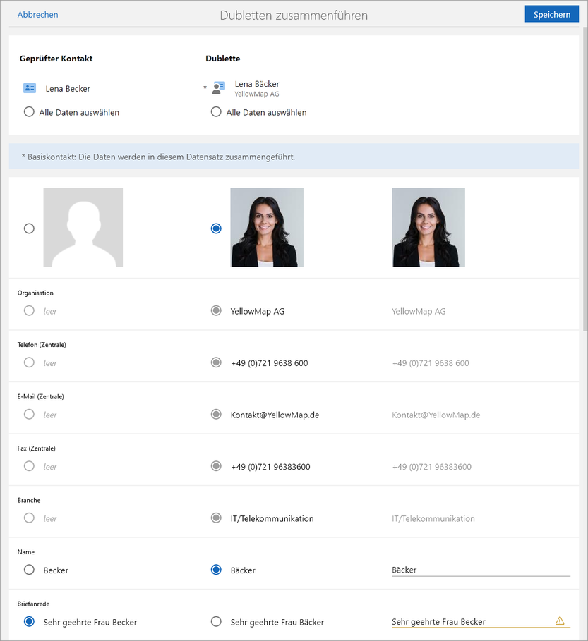 Der Screenshot zeigt das Fenster Dubletten zusammenführen. In drei Spalten werden Geprüfter Kontakt, Dublette und eine Vorschau der zusammengeführten Daten gegenübergestellt.
