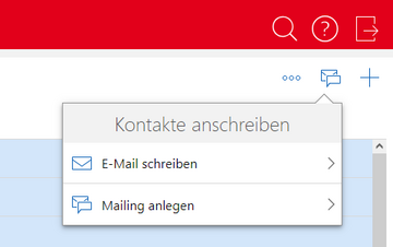 Der Screenshot zeigt das Menü Kontakte anzeigen mit den Aktionen E-Mail schreiben und Mailing anlegen.