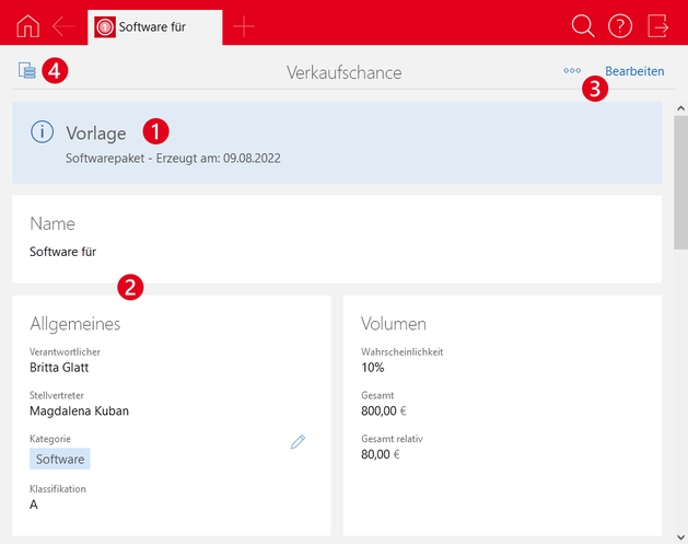 Dieser Screenshot zeigt eine Verkaufschance im Lesemodus mit den hervorgehobenen Bereichen: 1 Informationen zur Vorlage, 2 Ausgefüllte Felder, 3 Schaltflächen Aktionsmenü und Bearbeiten, 4 Schaltfläche Eigenschaften bearbeiten.