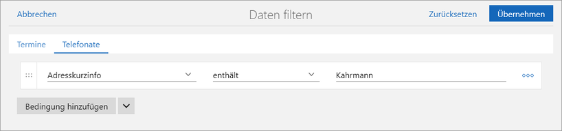 Der Screenshot zeigt das Fenster Daten filtern mit dem Register Telefonate.